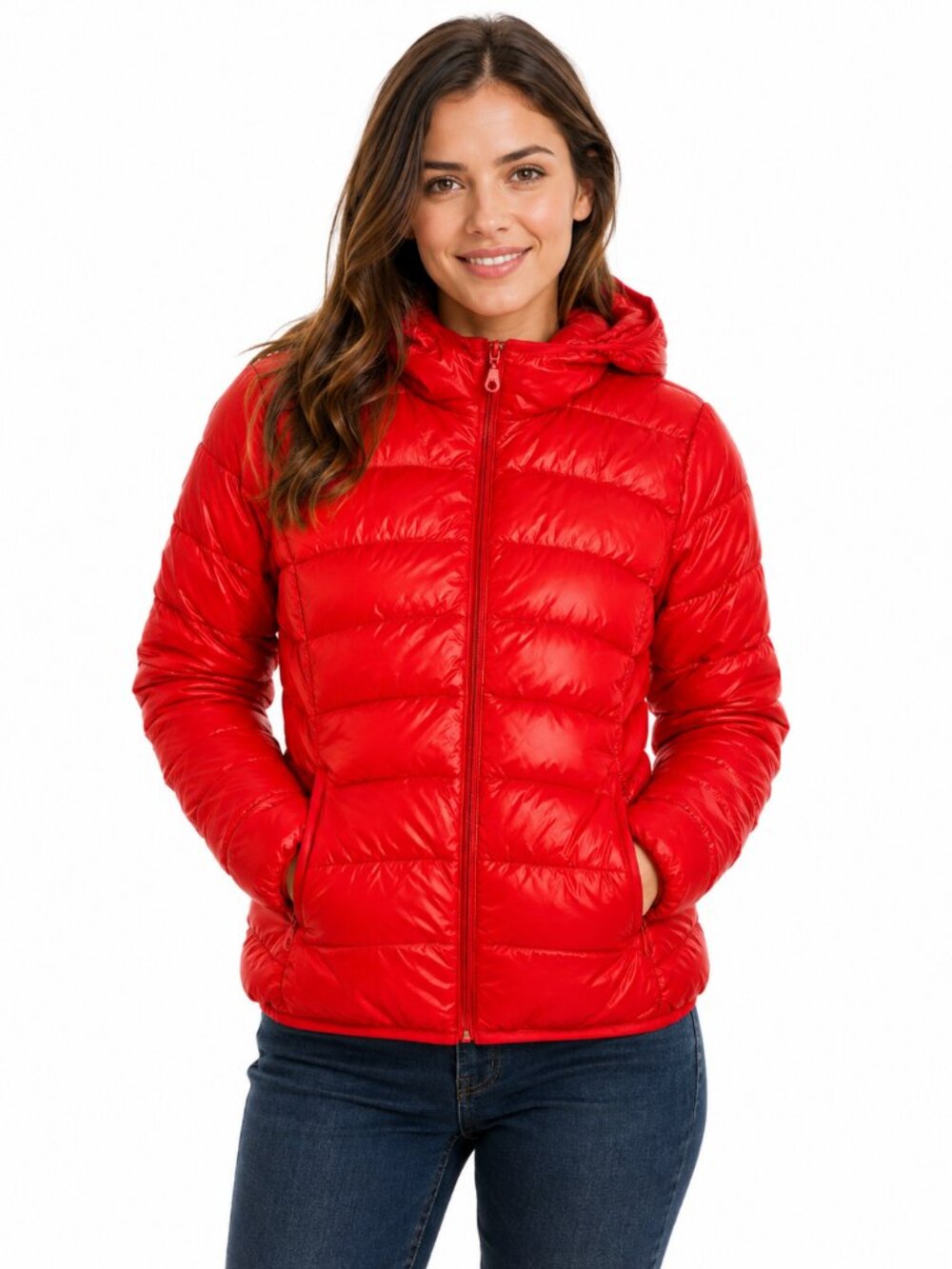 Active Basic Red Lightweight Hooded Down Puffer Jacket - Medium
